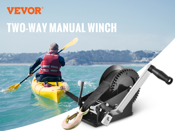 VEVOR hand winch ad with kayakers and product specs: 3500 lbs capacity, 33 ft strap, two-way ratchet.