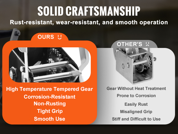VEVOR hand winch with high-temperature tempered gear, corrosion resistance, and smooth operation.