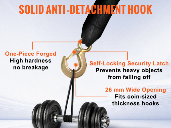 VEVOR hand winch hook with self-locking latch, one-piece forged and 26 mm wide opening, supports heavy lifting.