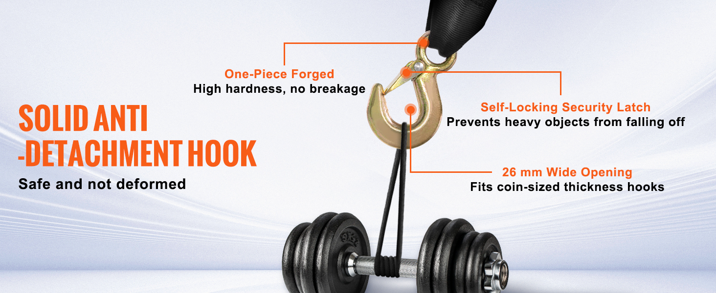 VEVOR hand winch hook with self-locking latch, one-piece forged and 26 mm wide opening, supports heavy lifting.