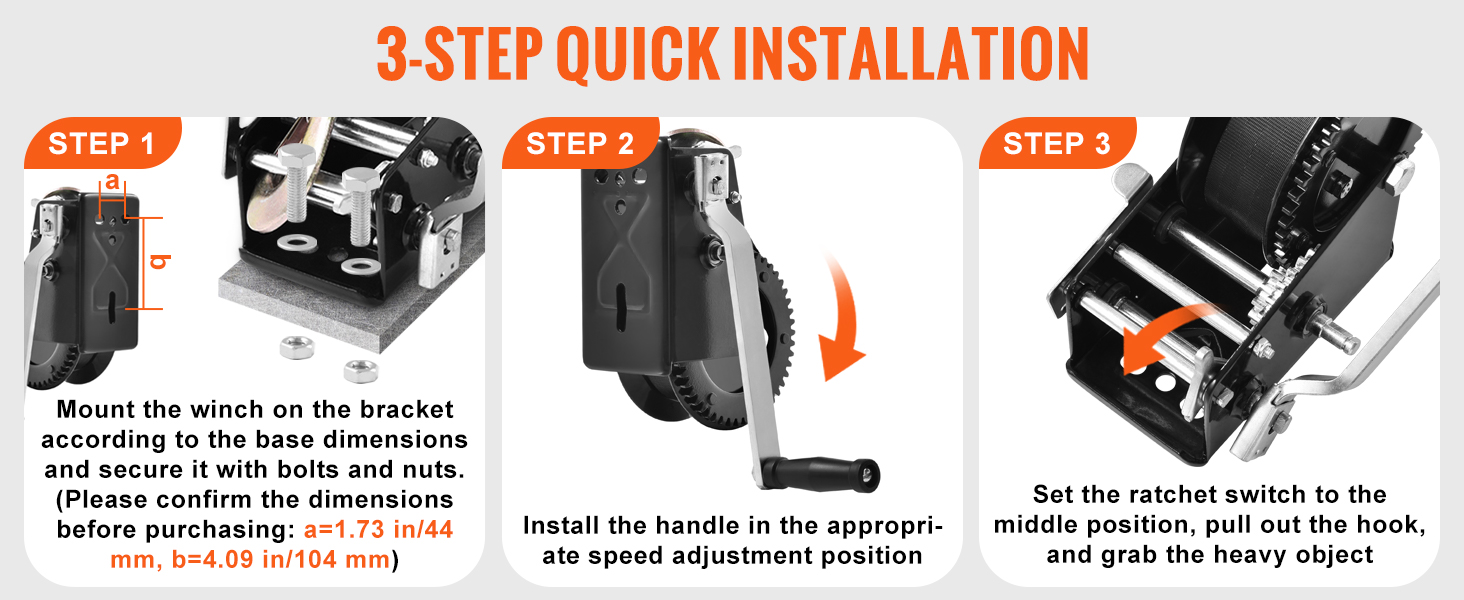 3-step installation guide for mounting the VEVOR hand winch, adjusting handle, and setting ratchet switch.