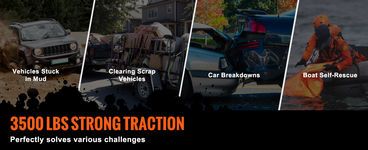 VEVOR hand winch, 3500 lbs strong traction for vehicles stuck in mud, clearing scrap, and boat self-rescue.