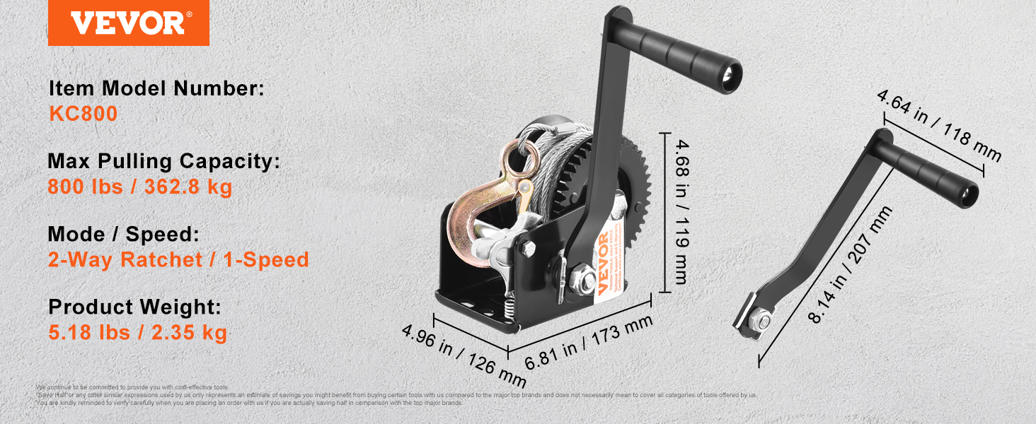 VEVOR laivu piekabes vinča kc800 ar 800 lbs ietilpību, divvirzienu sprūdrata un 5,18 lbs svaru