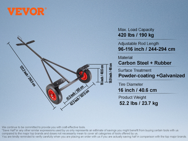 VEVOR boat trailer dolly, 420 lbs capacity, 96-116 inch adjustable length, carbon steel + rubber.