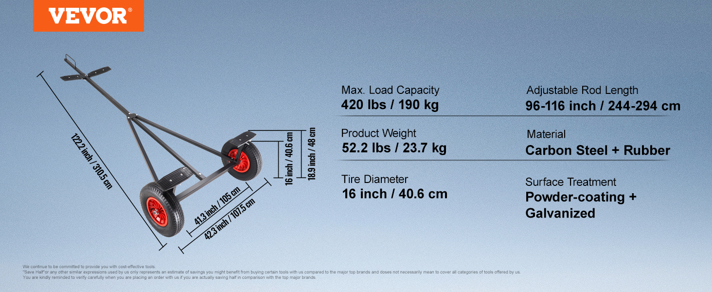 VEVOR boat trailer dolly, 420 lbs capacity, 96-116 inch adjustable length, carbon steel + rubber.