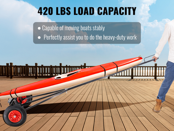 VEVOR boat trailer dolly with 420 lbs load capacity, moving a red kayak on a wooden dock.