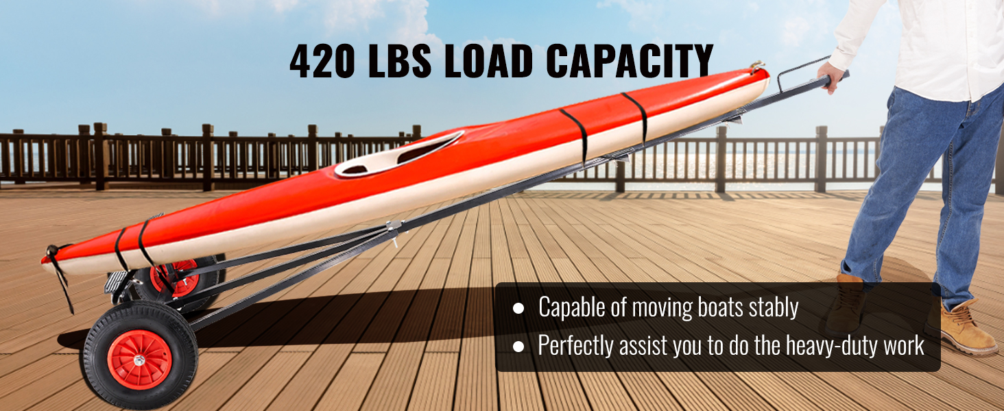 VEVOR boat trailer dolly with 420 lbs load capacity, moving a red kayak on a wooden dock.