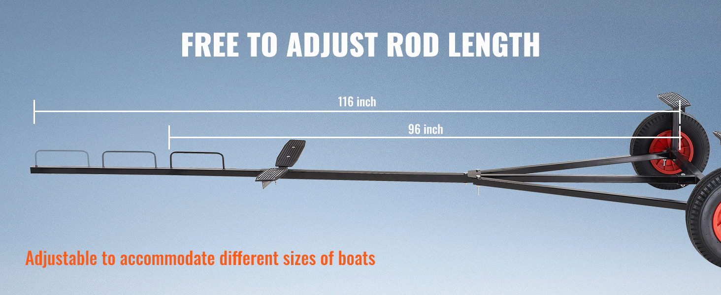 VEVOR boat trailer dolly with adjustable rod length up to 116 inches for various boat sizes.