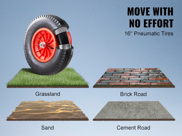 16" pneumatic tires for VEVOR boat trailer dolly navigate grassland, sand, brick, and cement roads.