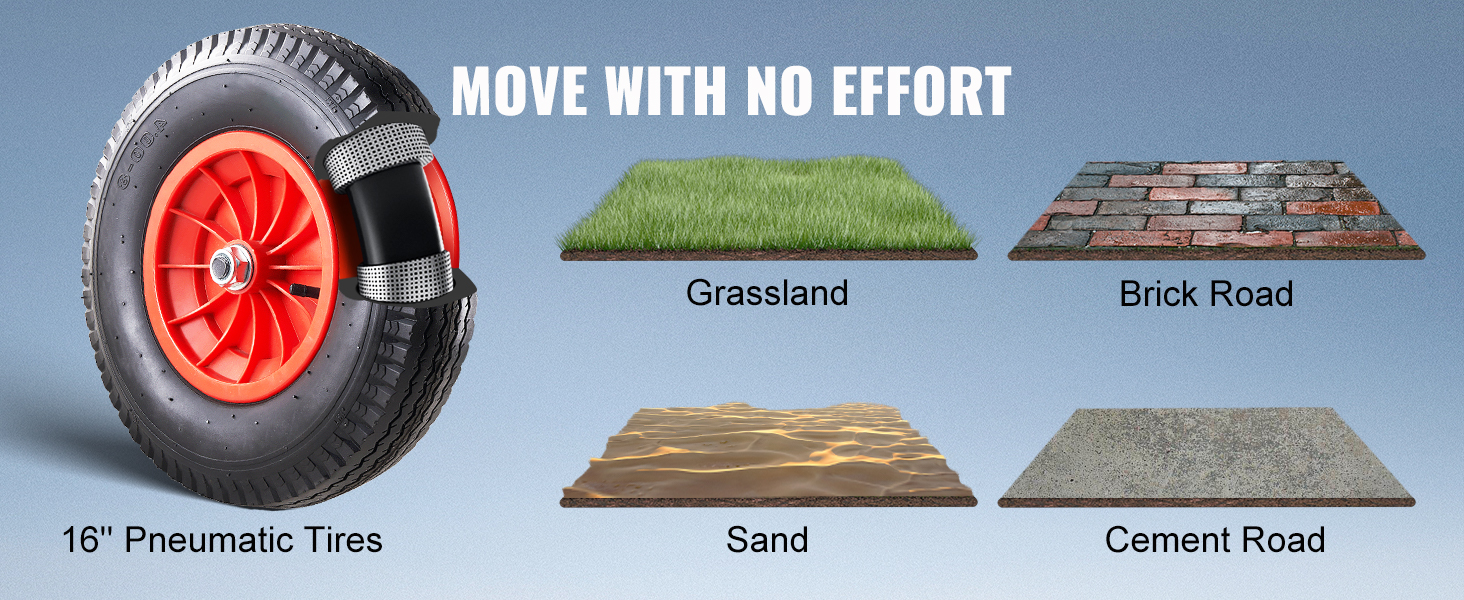 16" pneumatic tires for VEVOR boat trailer dolly navigate grassland, sand, brick, and cement roads.