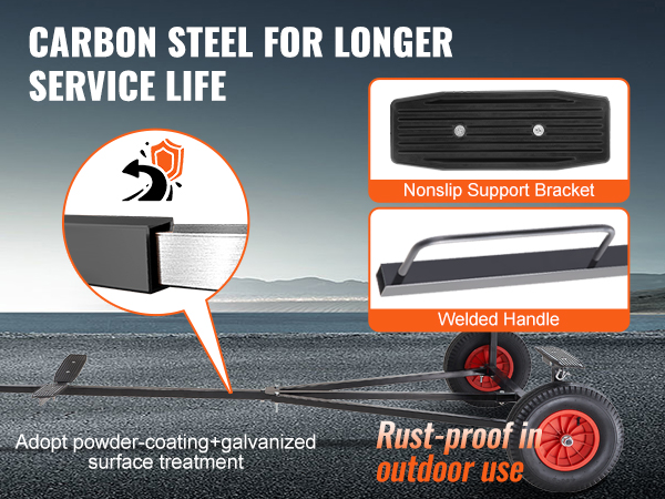 VEVOR boat trailer dolly with carbon steel frame, non-slip support bracket, and welded handle.