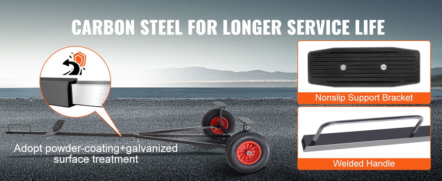 VEVOR boat trailer dolly with carbon steel frame, non-slip support bracket, and welded handle.