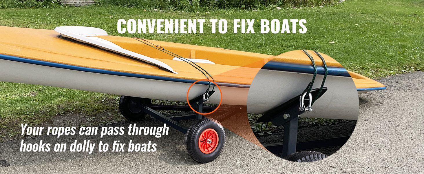 VEVOR boat trailer dolly with hooks and ropes securing a small boat on a paved path, yellow hull.