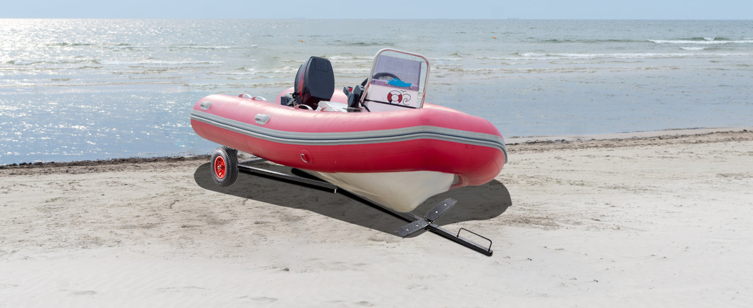red boat on sandy beach with VEVOR boat trailer dolly, ocean waves in the background.
