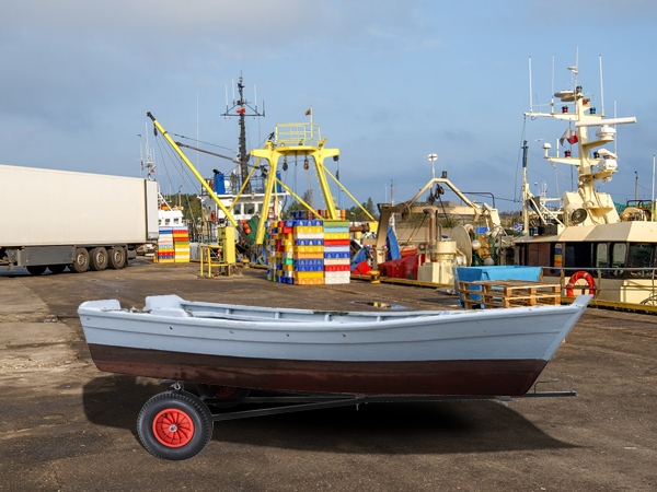 VEVOR boat trailer dolly transporting a wooden boat on a busy dock with fishing equipment and trailers.