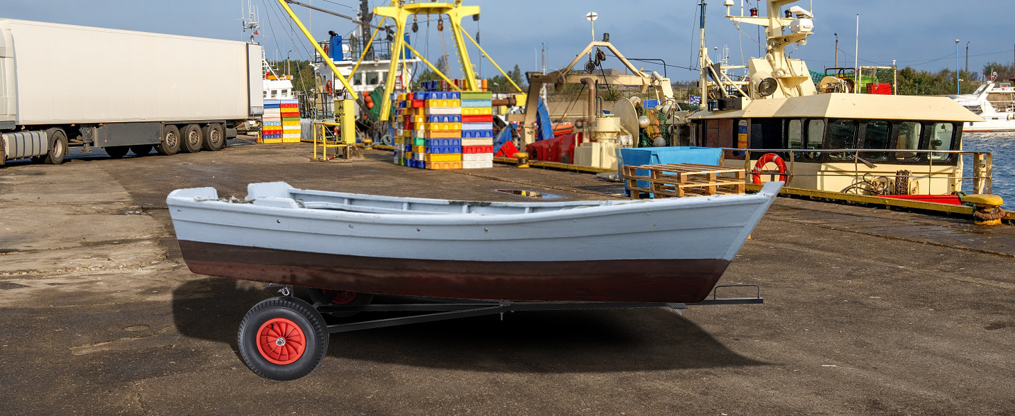 VEVOR boat trailer dolly transporting a wooden boat on a busy dock with fishing equipment and trailers.