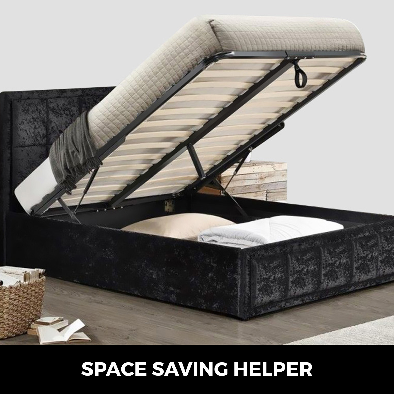 VEVOR bed lift mechanism with storage space and raised mattress.