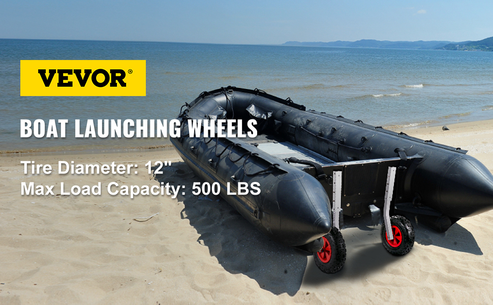 VEVOR boat launching wheels on inflatable boat at the beach, tire diameter 12", max load 500 lbs.