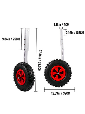 VEVOR boat launching wheels with red and black tires, dimensions labeled.