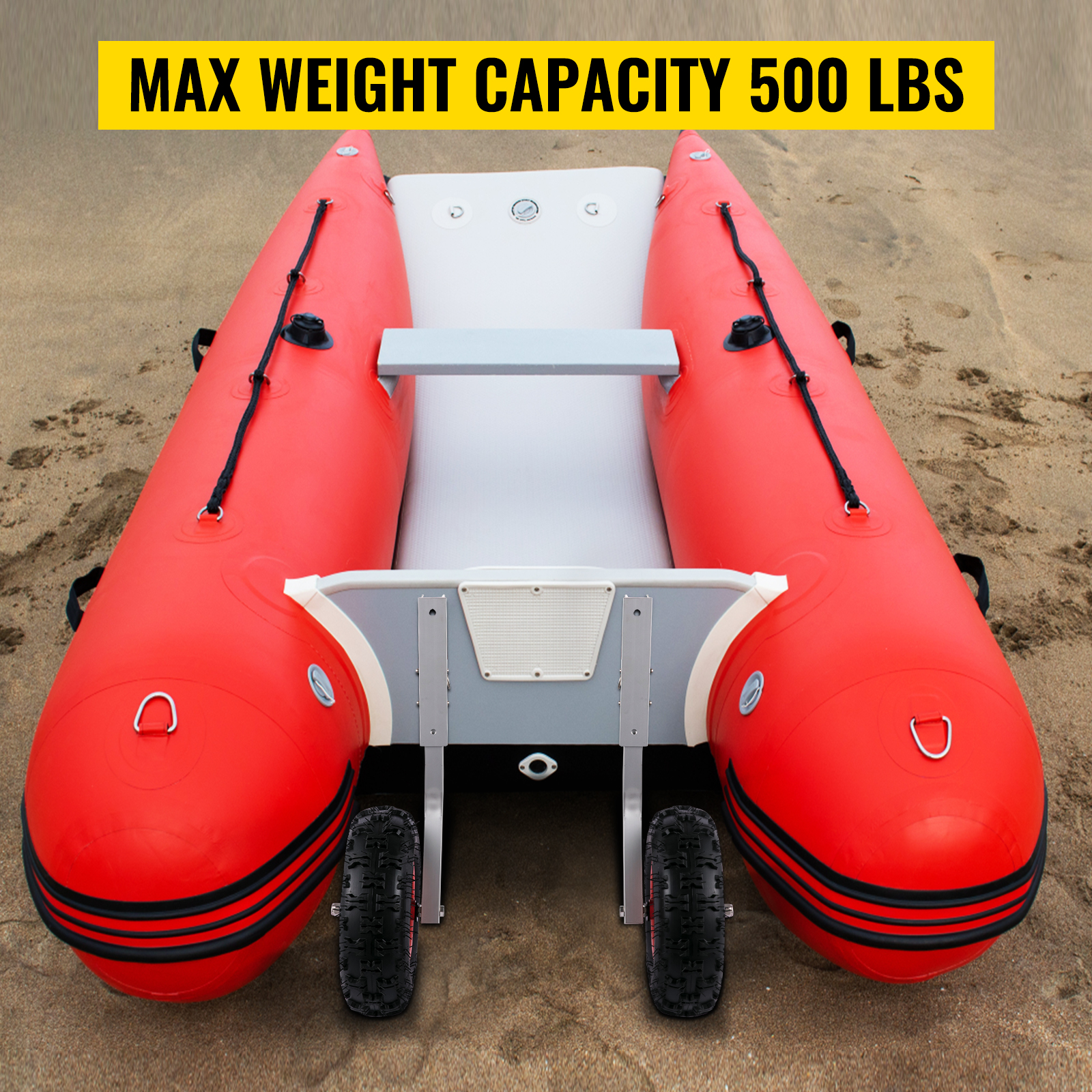 VEVOR boat launching wheels on red inflatable boat with max weight capacity 500 lbs.