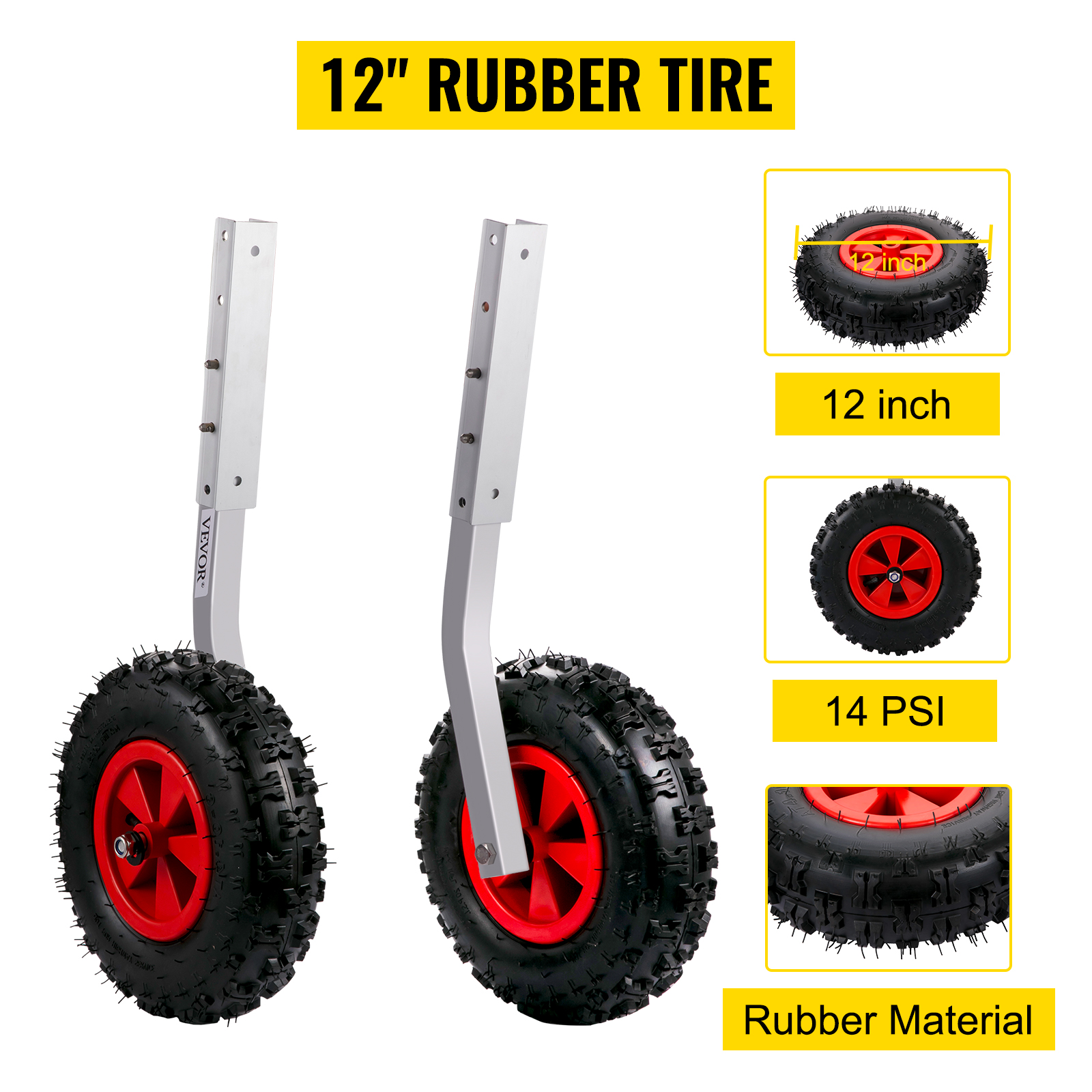 VEVOR boat launching wheels with 12" rubber tires, 14 psi, and red hubs.