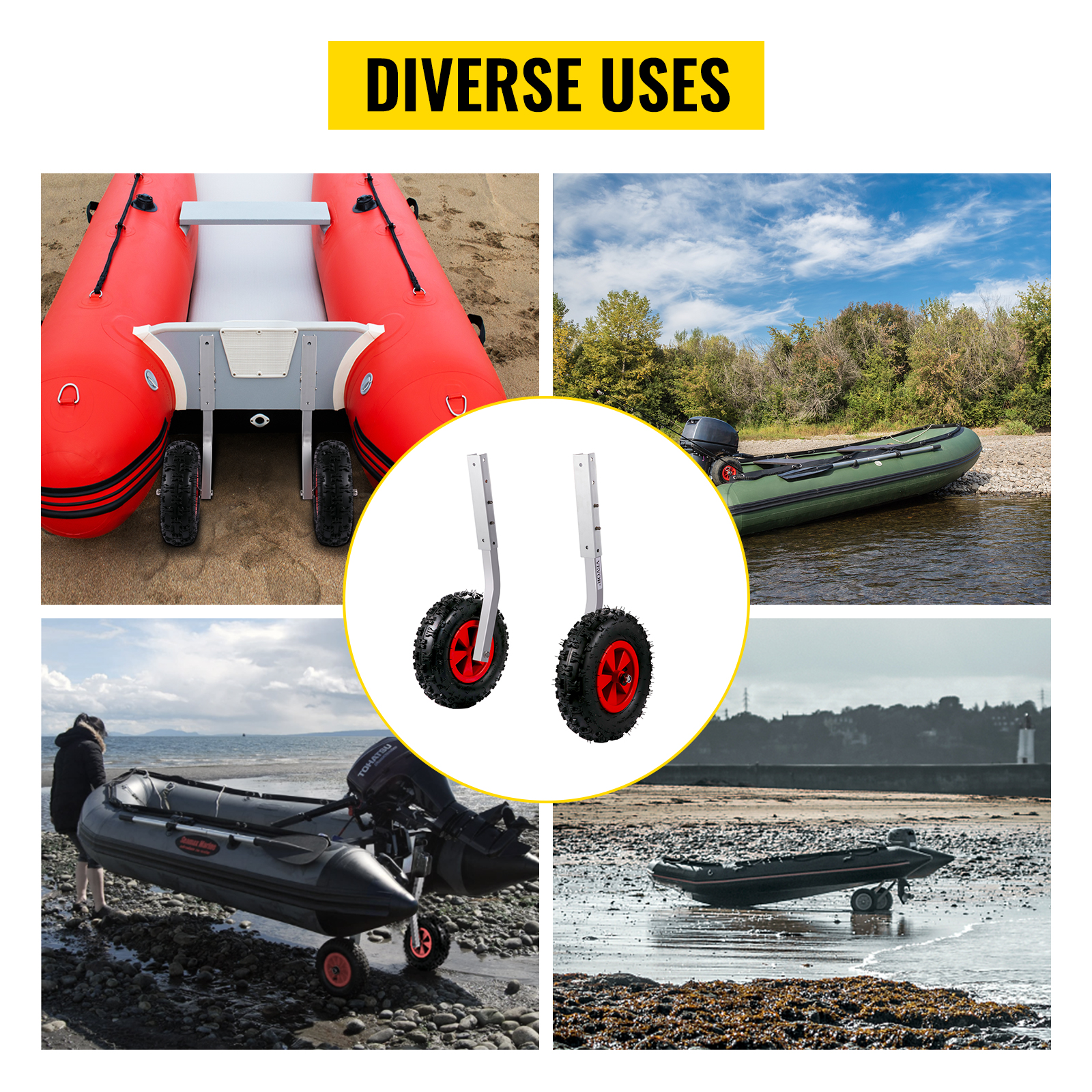 VEVOR boat launching wheels assist various boats on diverse terrains and waters.