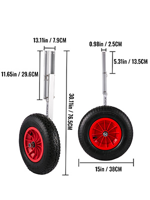 VEVOR boat launching wheels with dimensions, featuring sturdy red wheels and metal frame.