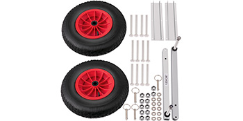 VEVOR boat launching wheels with red tires and mounting hardware laid out.