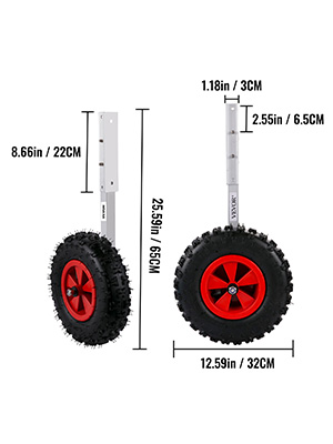 VEVOR boat launching wheels with red rims and dimensions outlined