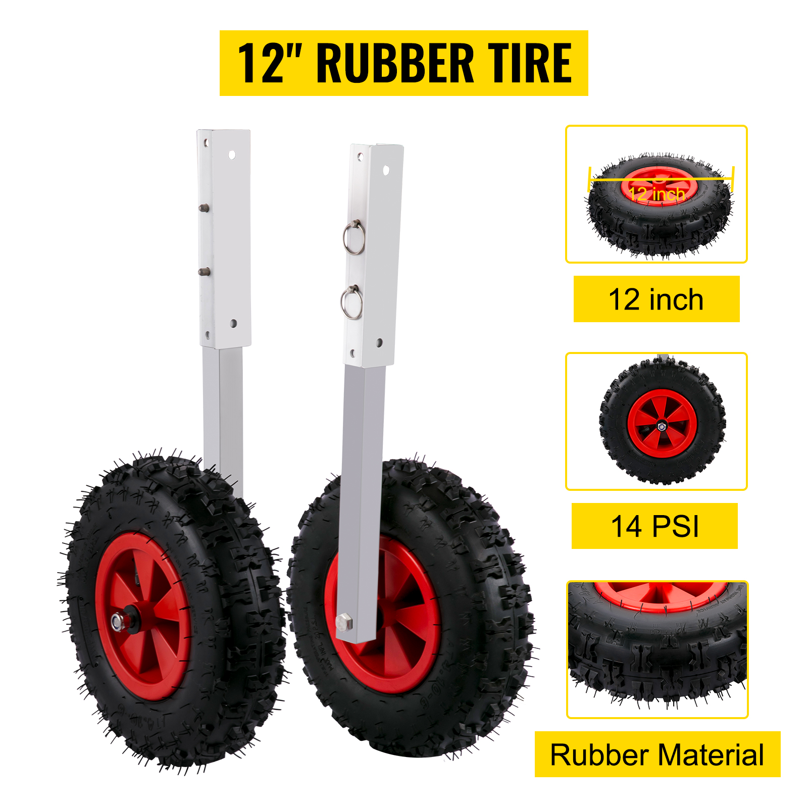 VEVOR boat launching wheels with 12-inch rubber tires and red rims, 14 psi.