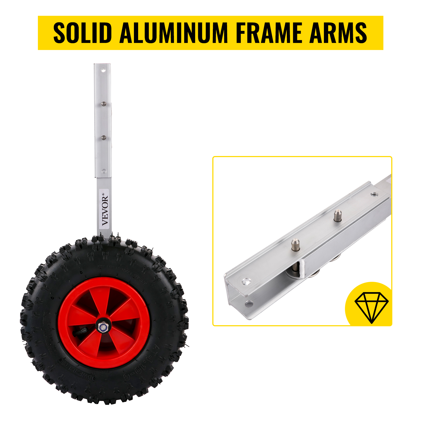VEVOR boat launching wheels with solid aluminum frame arms and sturdy red wheel.