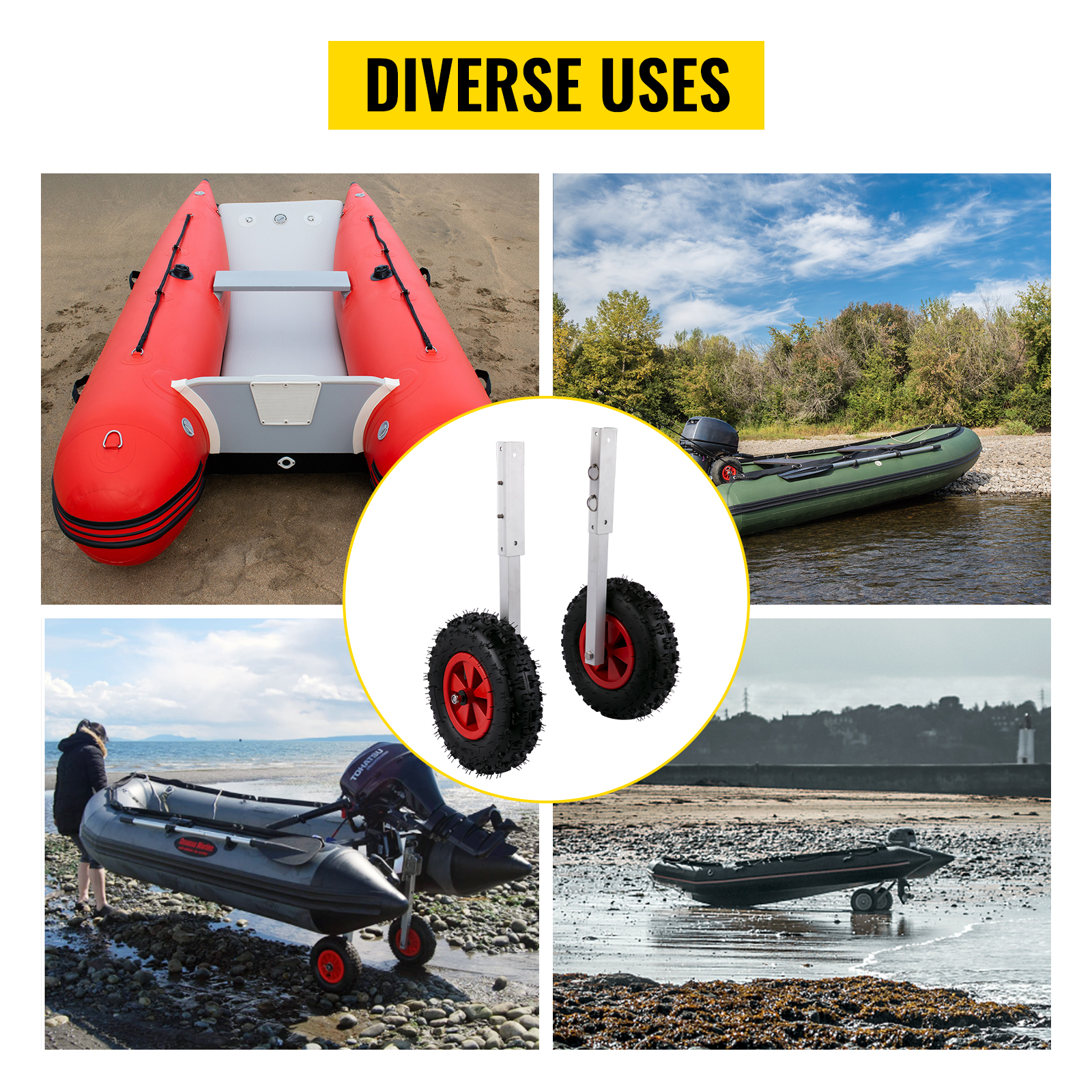 VEVOR boat launching wheels, versatile use for different inflatable boats.