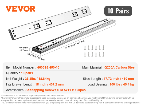 VEVOR 18 inch drawer slides, 10 pairs, q235a carbon steel, 100 lbs load, self-tapping screws included.