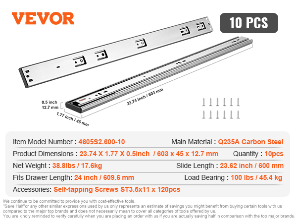 VEVOR drawer slides, 10 pairs, carbon steel, 24 inch, 100 lbs load capacity, self-tapping screws included.