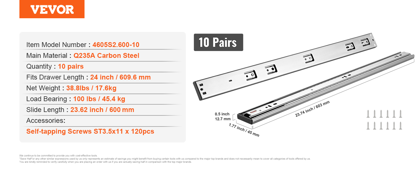 VEVOR drawer slides, 10 pairs, carbon steel, 24 inch, 100 lbs load capacity, self-tapping screws included.