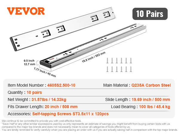 VEVOR drawer slides, 10 pairs, q235a carbon steel, 100 lbs load bearing, 20-inch fit, with self-tapping screws.