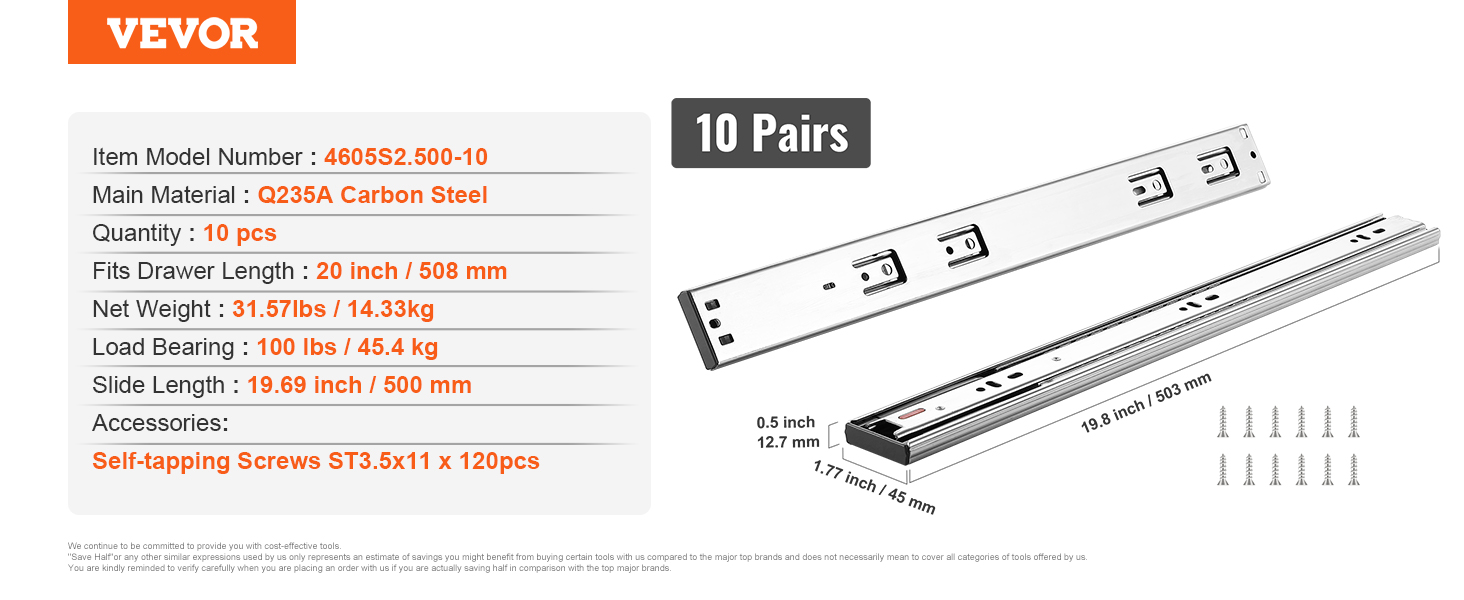 VEVOR drawer slides, 10 pairs, q235a carbon steel, 100 lbs load bearing, 20-inch fit, with self-tapping screws.