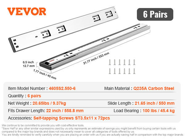 VEVOR drawer slides 22 inch, q235a carbon steel, 6 pairs, 100 lbs load, 21.65 inch slide length, screws included.