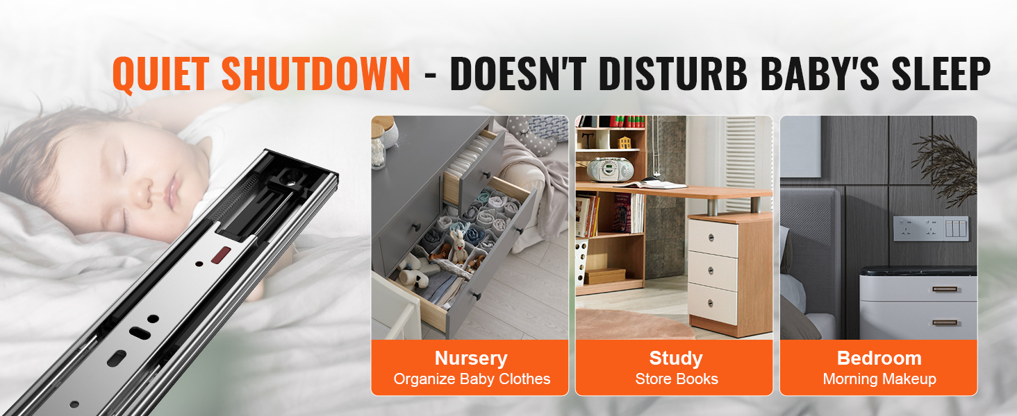 quiet shutdown VEVOR drawer slides 22 inch for nursery, study, and bedroom usage.