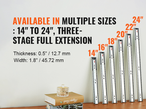 VEVOR drawer slides 22 inch displayed with various sizes from 14" to 24" on a wooden surface.
