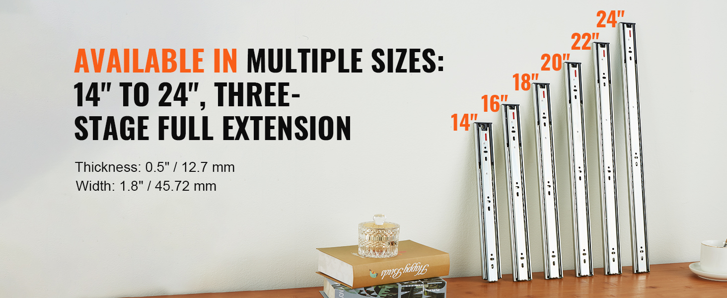 VEVOR drawer slides 22 inch displayed with various sizes from 14" to 24" on a wooden surface.