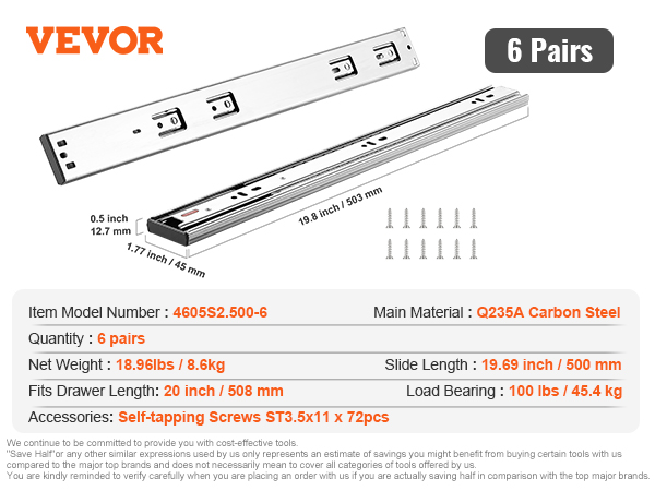 VEVOR drawer slides, q235a carbon steel, 6 pairs, 20-inch, 100 lbs load, includes screws.