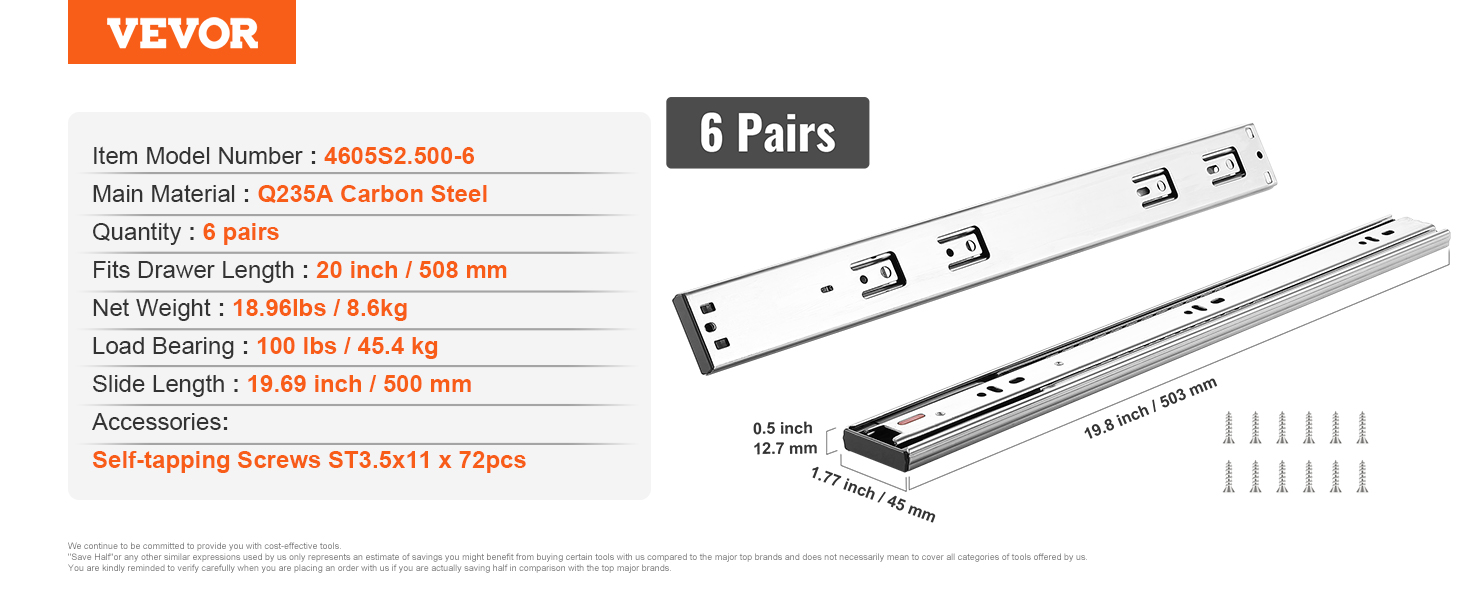 VEVOR drawer slides, q235a carbon steel, 6 pairs, 20-inch, 100 lbs load, includes screws.