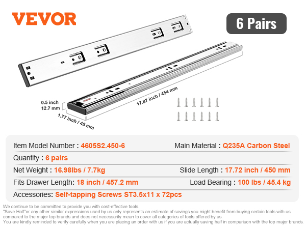 VEVOR drawer slides 6 pairs, q235a carbon steel, load bearing 100 lbs, self-tapping screws included.