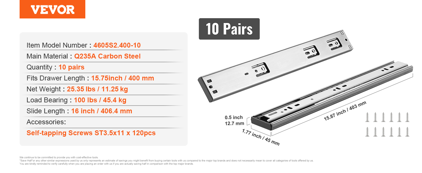 VEVOR drawer slides, q235a carbon steel, load bearing 100 lbs/45.4 kg, slide length 16 inch/406.4 mm.