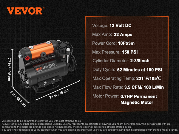 VEVOR borta gaisa kompresora komplekts ar 150 psi, 12 V līdzstrāvas, 3,5 cfm, 0,7 ZS motoru un 18 pēdu šļūteni.