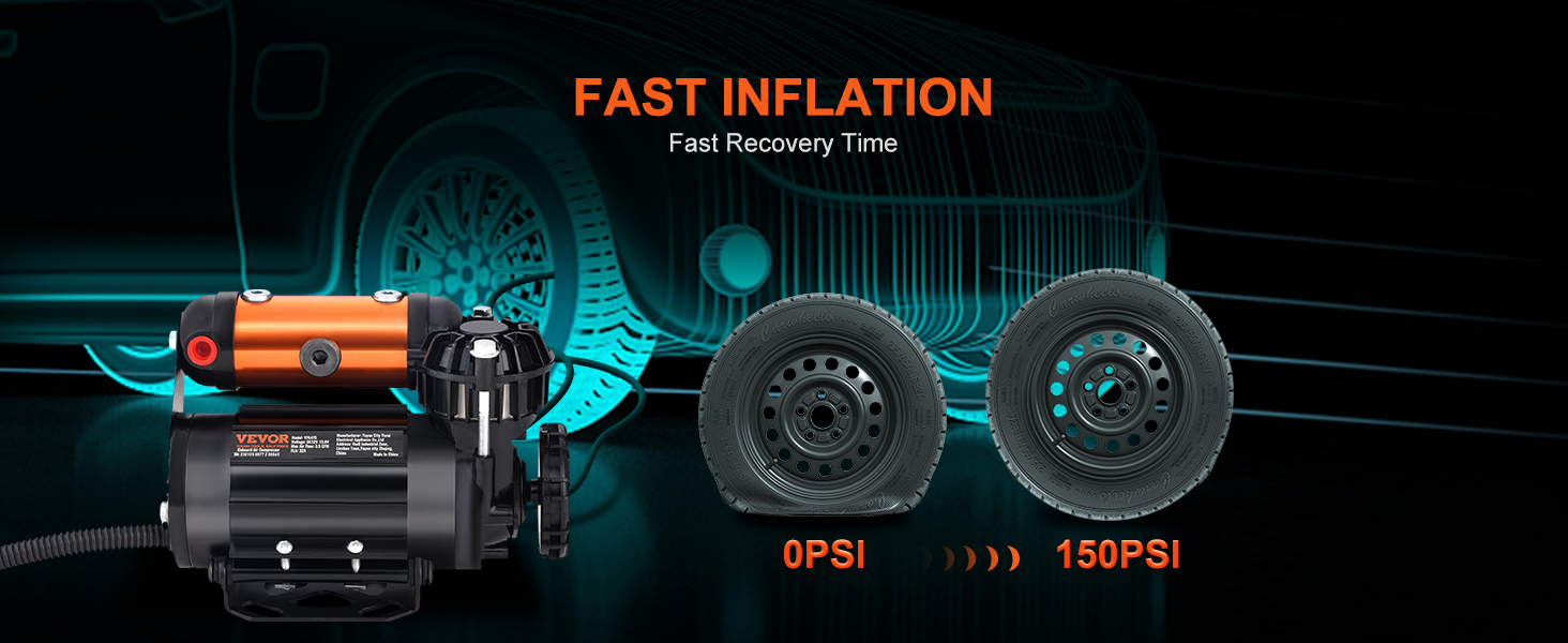 VEVOR onboard air compressor kit inflating car tire from 0 psi to 150 psi with fast recovery time.