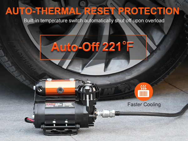 VEVOR onboard air compressor kit with auto-thermal reset protection and faster cooling near a car tire.