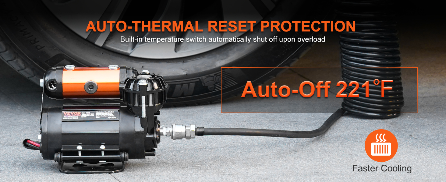VEVOR onboard air compressor kit with auto-thermal reset protection and faster cooling near a car tire.