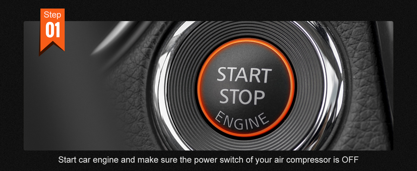 step 01: press start/stop button before using the VEVOR onboard air compressor kit.